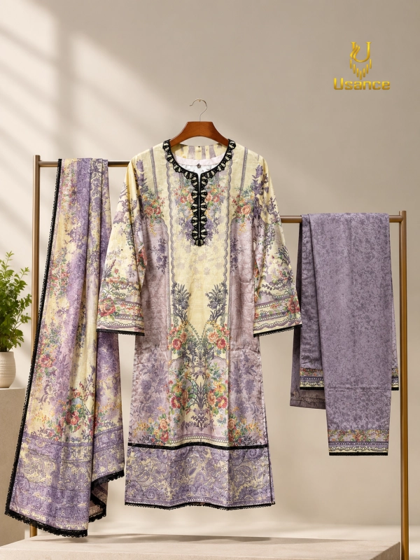 Floral Printed Stitched Three-Piece