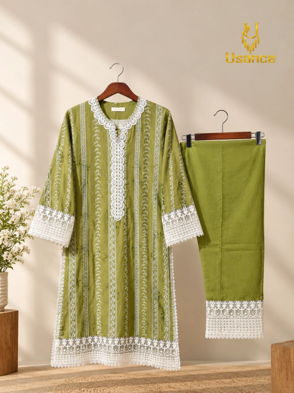 Olive Grace Embroidered Stitched 2-Piece Set